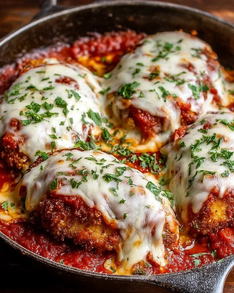 Delicious Chicken Parmesan dish topped with melted cheese and herbs
