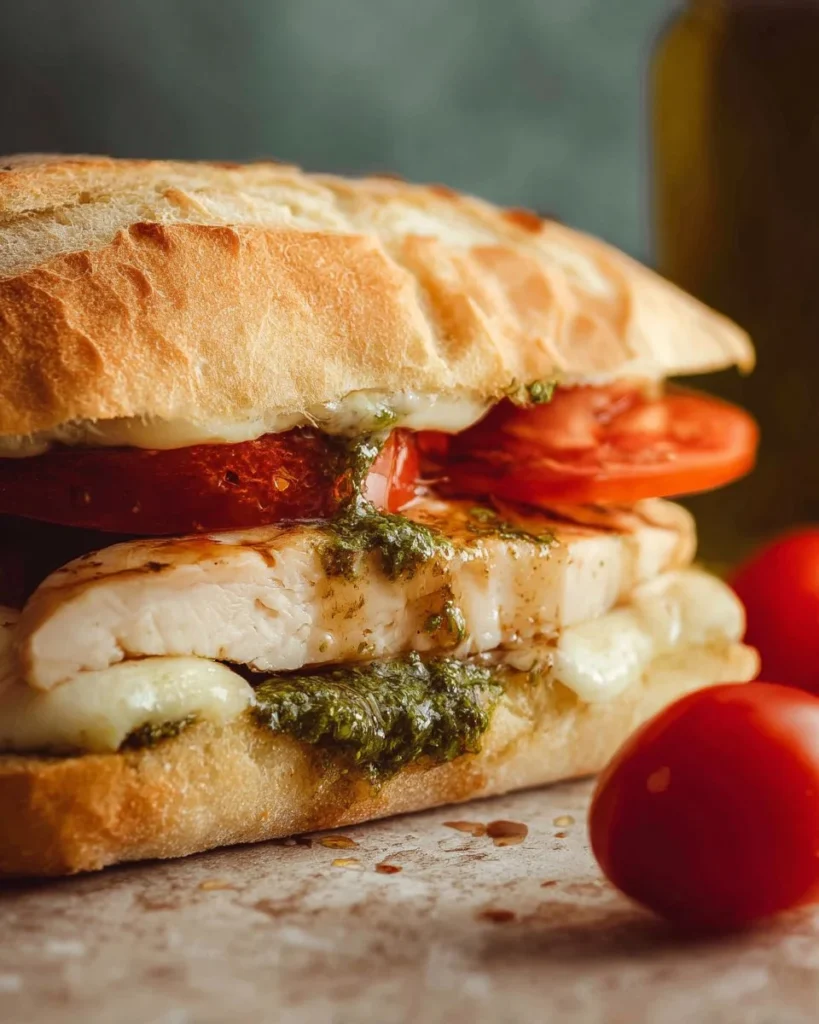 Delicious Chicken Pesto Sandwich with fresh ingredients and vibrant green pesto