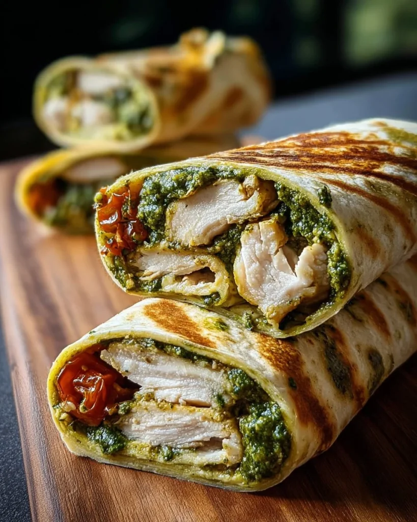 Delicious Chicken Pesto Wraps with fresh ingredients and vibrant colors.