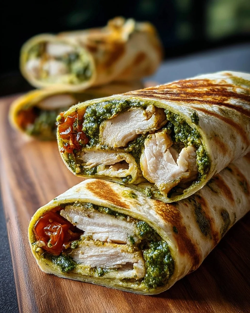 Delicious Chicken Pesto Wraps with fresh ingredients and vibrant colors.