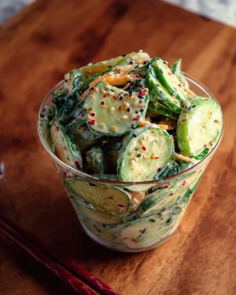 Delicious creamy Asian cucumber salad in a bowl garnished with herbs