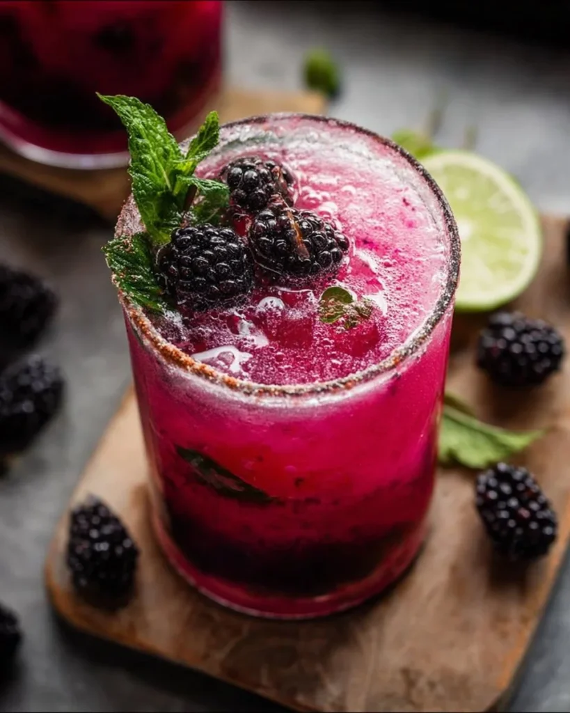 Delicious creamy blackberry coconut mojito garnished with fresh blackberries and mint