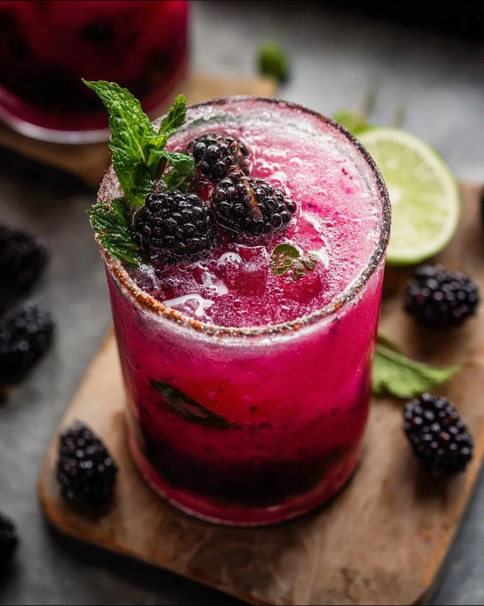 Delicious creamy blackberry coconut mojito garnished with fresh blackberries and mint