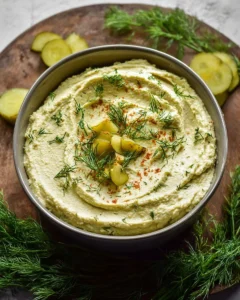 Creamy dill pickle hummus served in a bowl with fresh vegetables for dipping