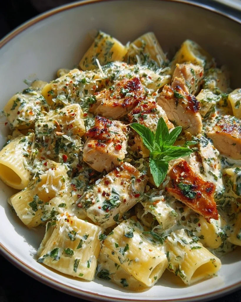 Creamy pesto chicken pasta garnished with fresh basil and pine nuts