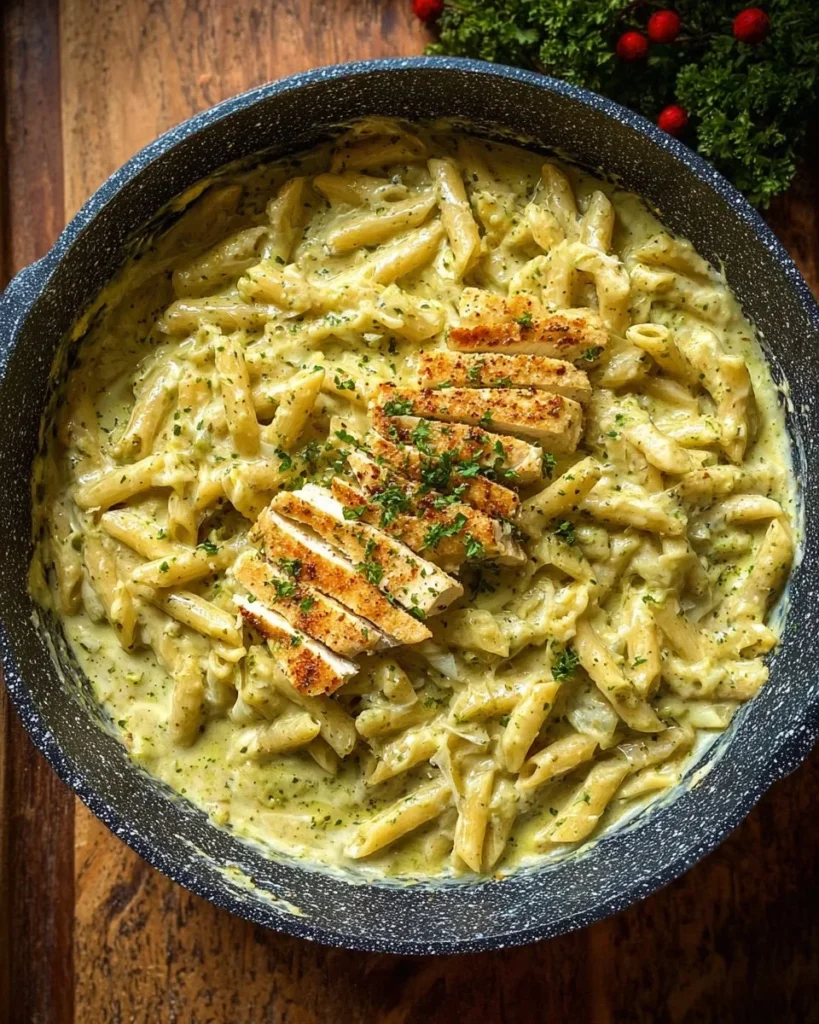 Creamy pesto sauce pasta topped with fresh basil and pine nuts