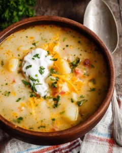Bowl of creamy potato soup with fresh herbs and bread on the side.