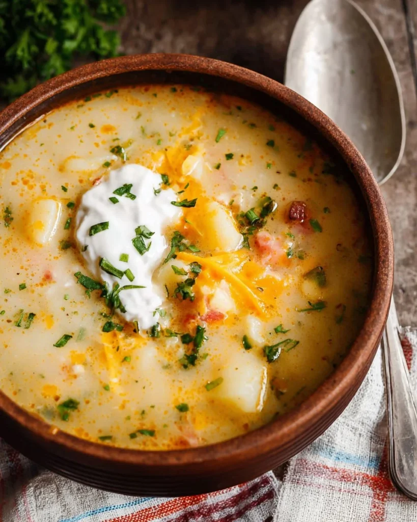 Bowl of creamy potato soup with fresh herbs and bread on the side.