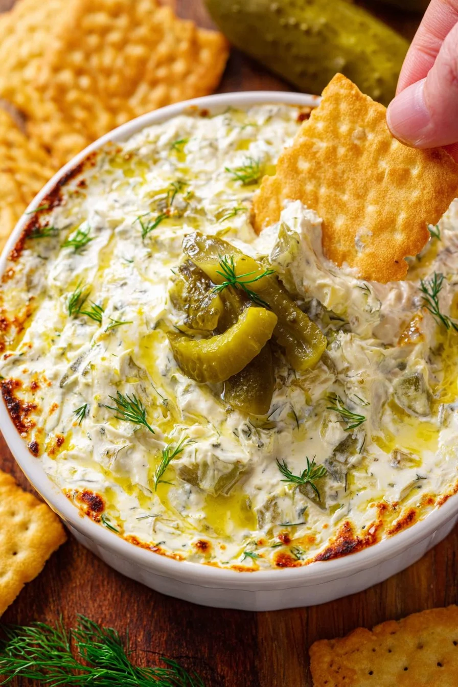 Creamy Ranch Dill Pickle Dip served with crispy chips