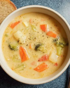 Bowl of creamy vegetable soup garnished with fresh herbs and vegetables