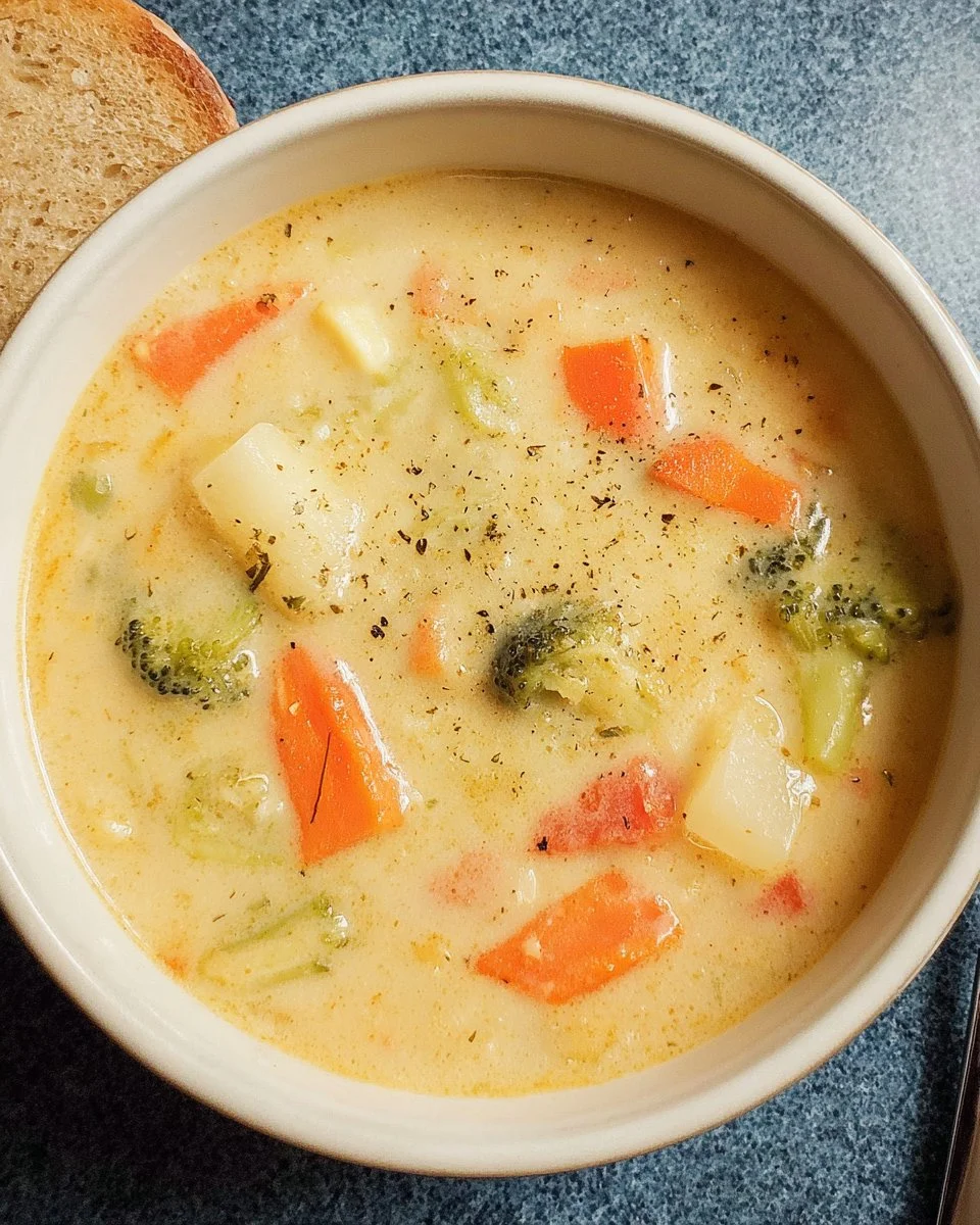 Bowl of creamy vegetable soup garnished with fresh herbs and vegetables