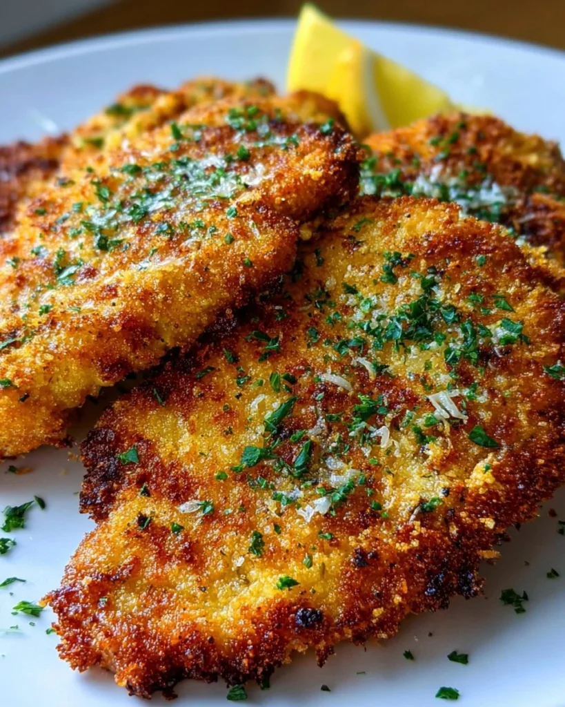 Crispy Air Fryer Parmesan Crusted Chicken garnished with herbs.
