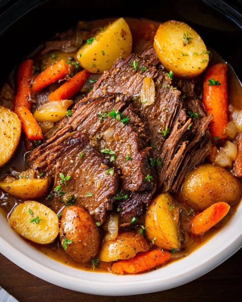 Delicious crockpot pot roast with vegetables and herbs in a slow cooker.