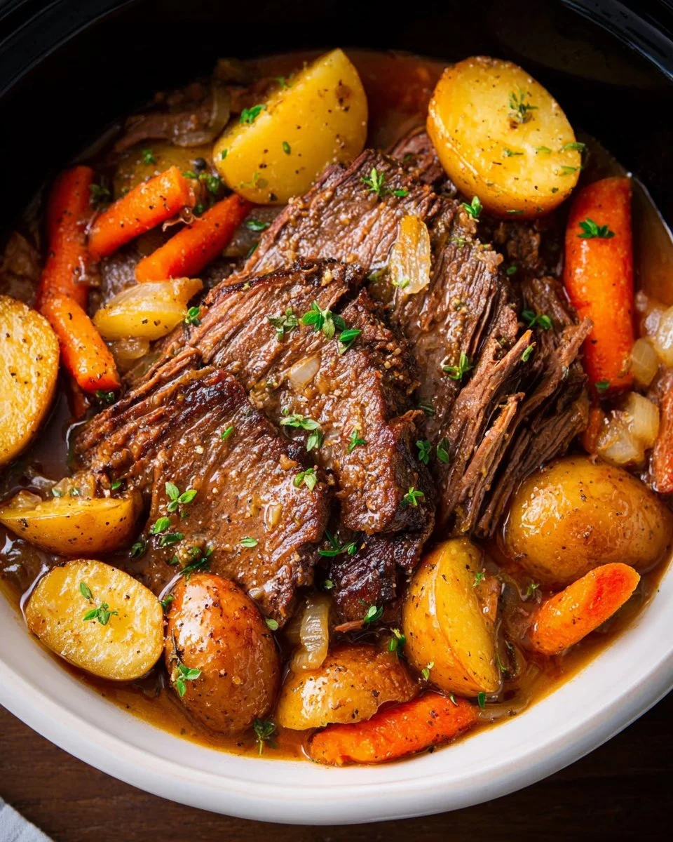Delicious crockpot pot roast with vegetables and herbs in a slow cooker.