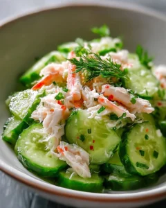 Cucumber salad with crab meat, fresh vegetables, and a light dressing