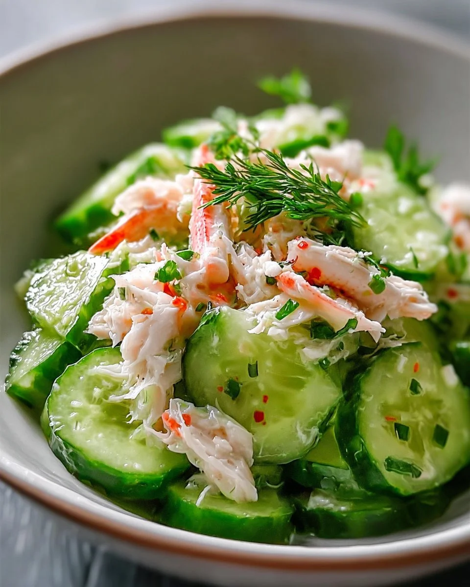 Cucumber salad with crab meat, fresh vegetables, and a light dressing