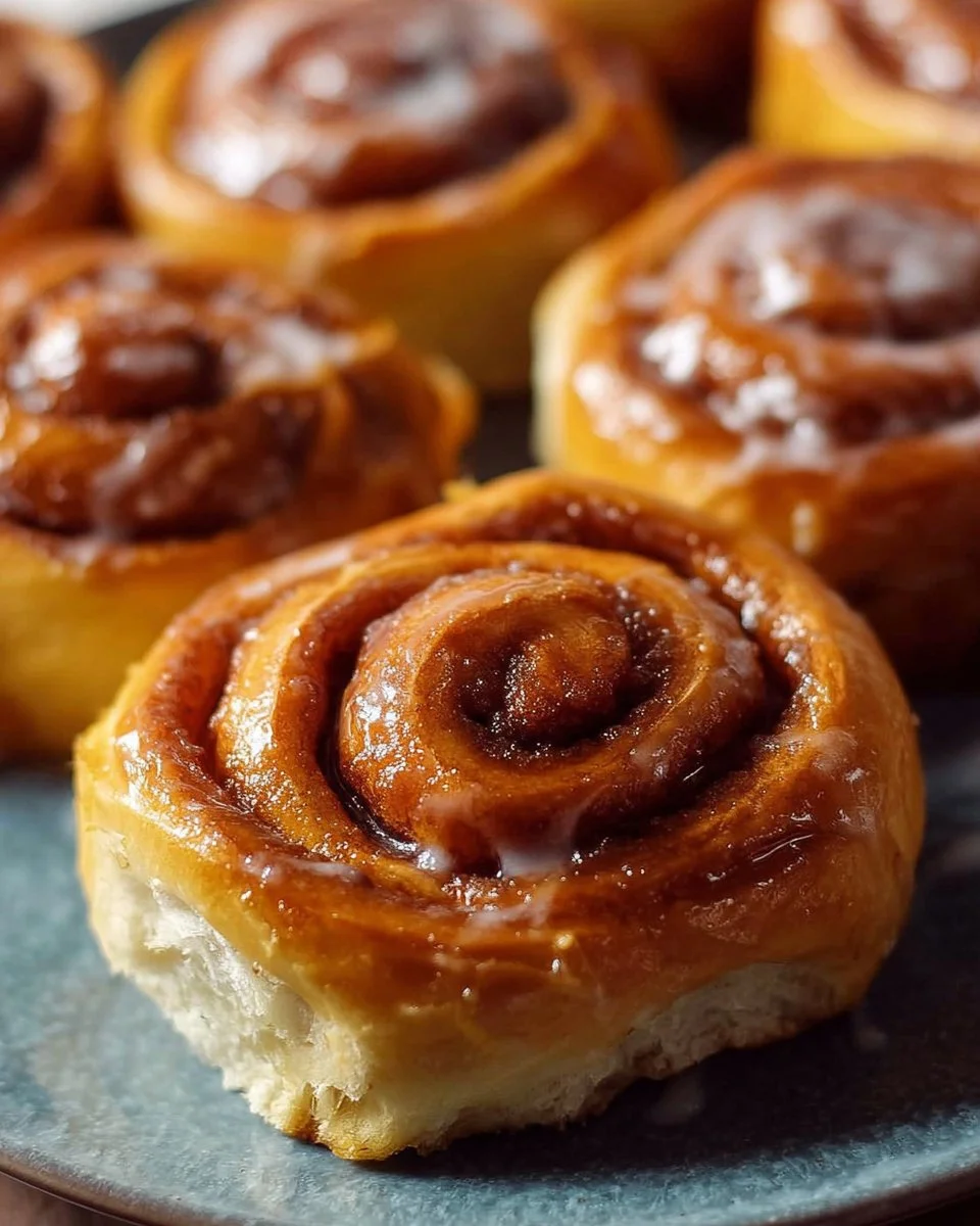 Easy cinnamon rolls freshly baked and topped with creamy icing.