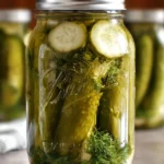 Jar of easy homemade dill pickles with fresh herbs and spices