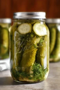 Jar of easy homemade dill pickles with fresh herbs and spices