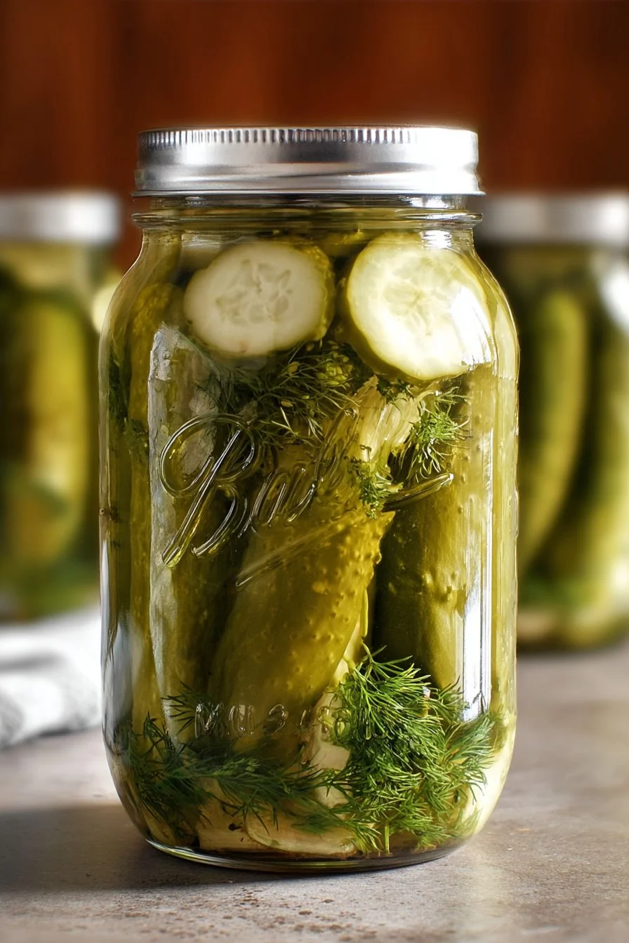 Jar of easy homemade dill pickles with fresh herbs and spices