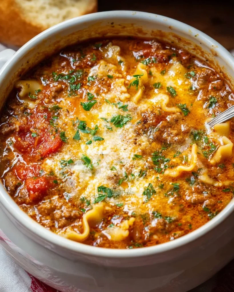 Bowl of delicious lasagna soup topped with cheese and herbs