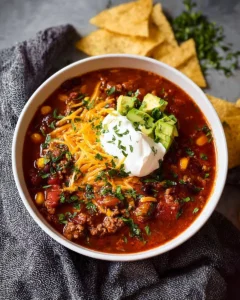 Bowl of easy taco soup garnished with cheese and cilantro