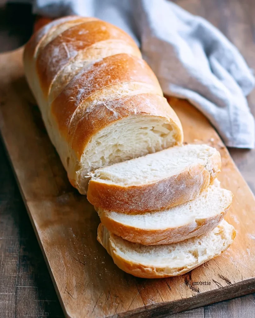 Freshly baked French bread loaf on a wooden cutting board