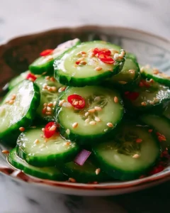 Fresh Din Tai Fung cucumber salad served with dressing and herbs