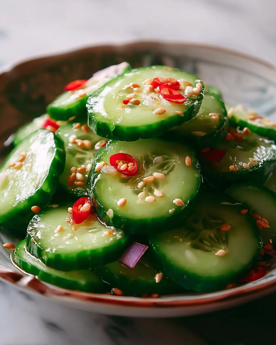 Fresh Din Tai Fung cucumber salad served with dressing and herbs