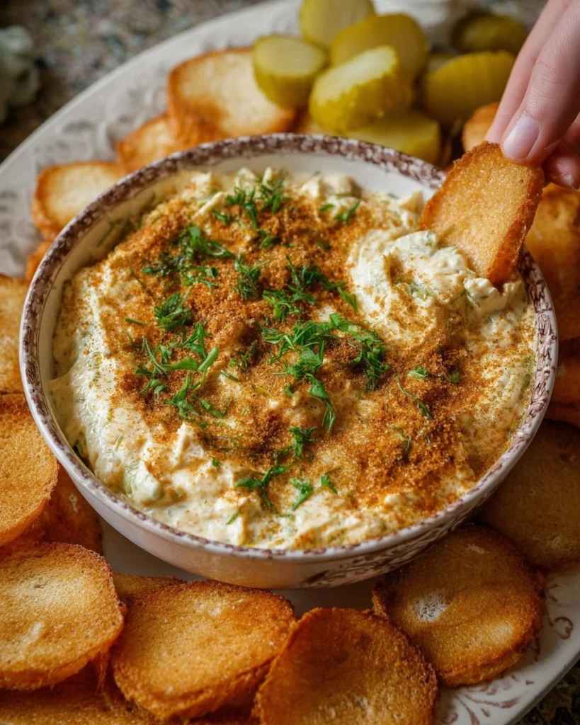 Delicious and creamy Fried Pickle Dip served with tortilla chips.