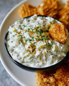 Delicious Fried Pickle Ranch Dip served with crispy chips.