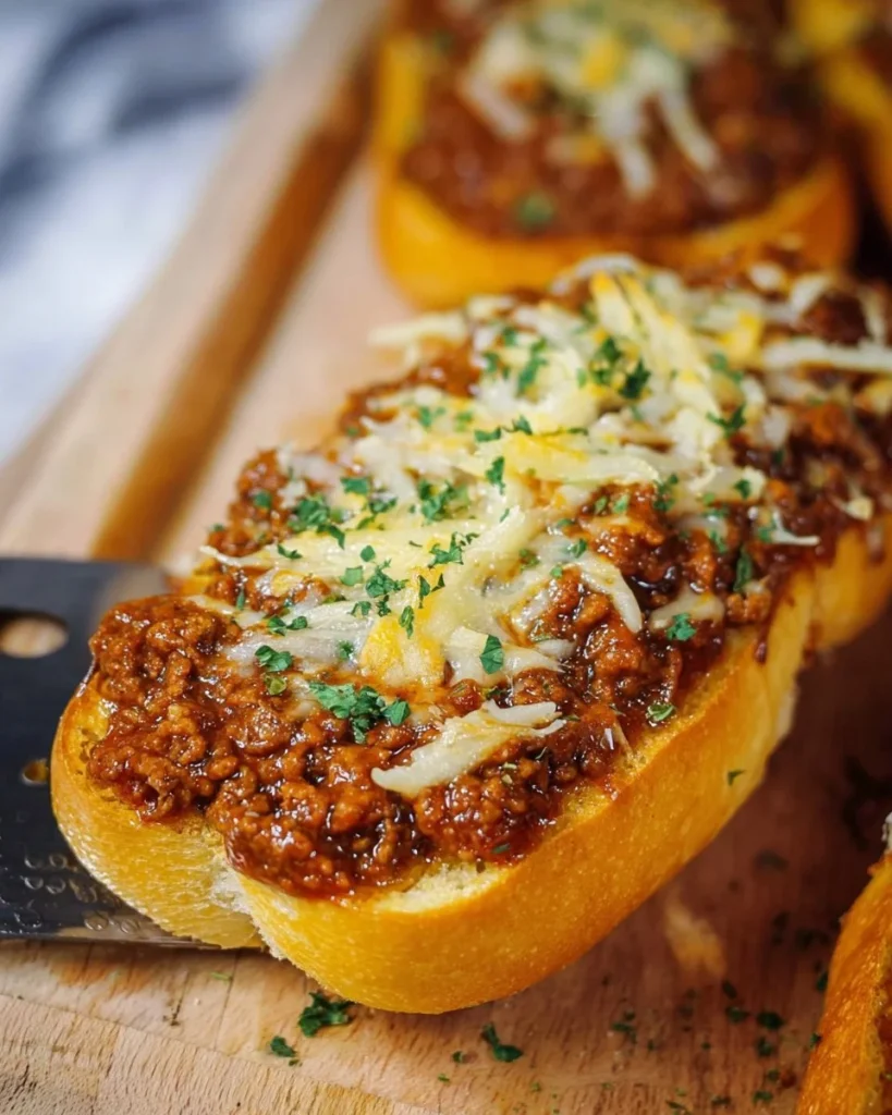 Garlic Bread Sloppy Joes served on a plate with toppings