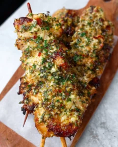 Garlic Parmesan Chicken Skewers garnished with herbs and served on a plate