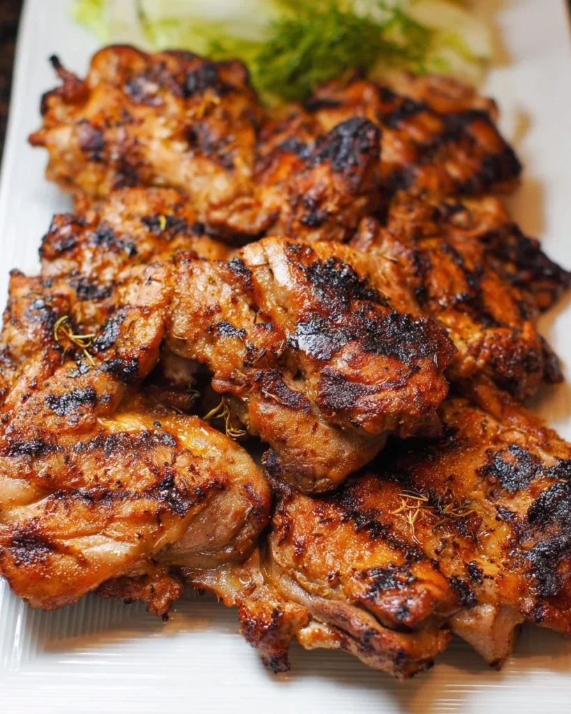 Delicious grilled chicken thighs garnished with herbs and spices