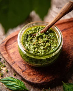 Bowl of homemade basil pesto with fresh ingredients on a wooden table