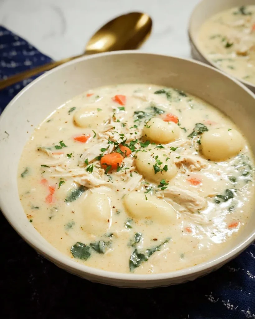 Bowl of homemade chicken gnocchi soup with vegetables and herbs