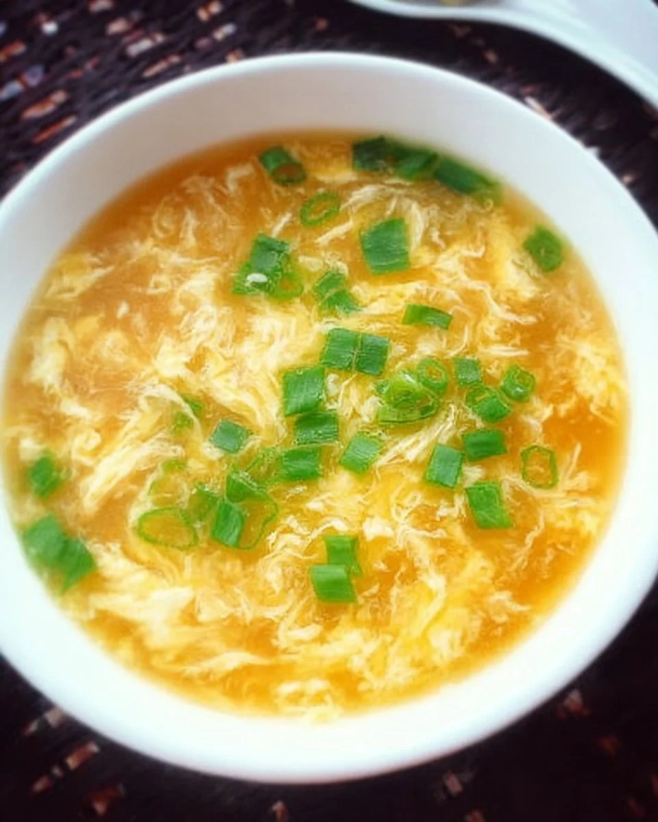 Bowl of homemade egg drop soup with green onions and tofu