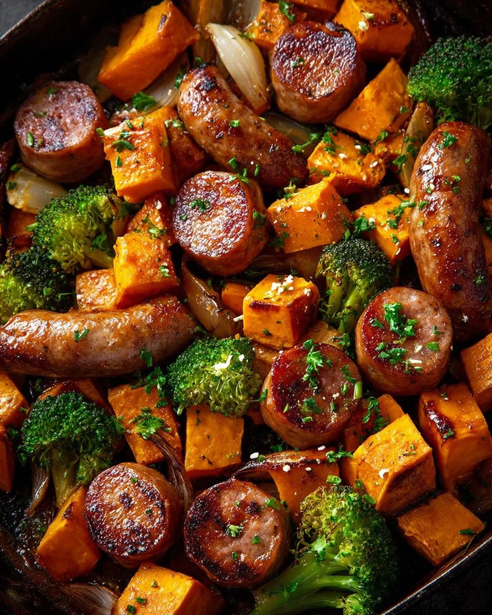 Honey Garlic Sausage and Sweet Potato Sheet Pan Dinner ready to serve