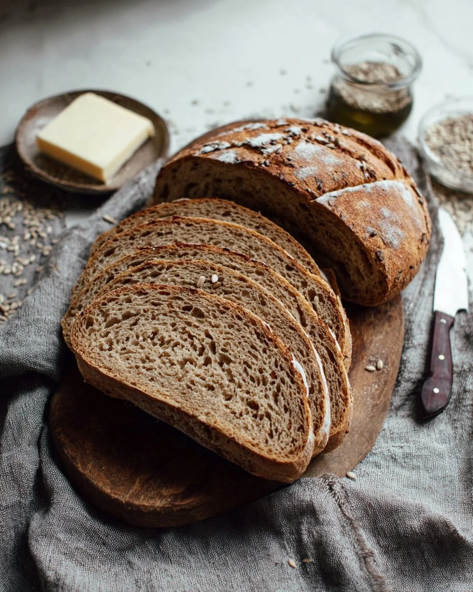 Homemade Lithuanian bread freshly baked and served on a wooden table.