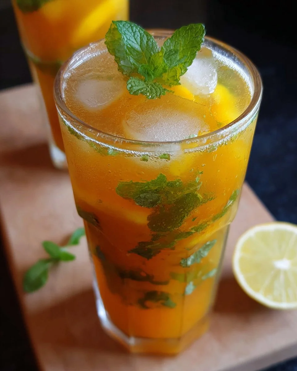 A refreshing Mango Mojito served in a glass with mint leaves and lime slices.