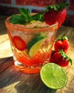 Mexican Strawberry Tequila Mojito served in a glass with fresh strawberries and mint.