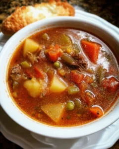 Bowl of Mom's Old-Fashioned Vegetable Beef Soup with fresh ingredients