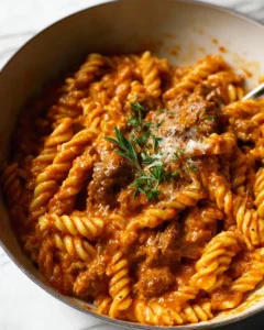 One-pot creamy tomato beef pasta dish served in a bowl