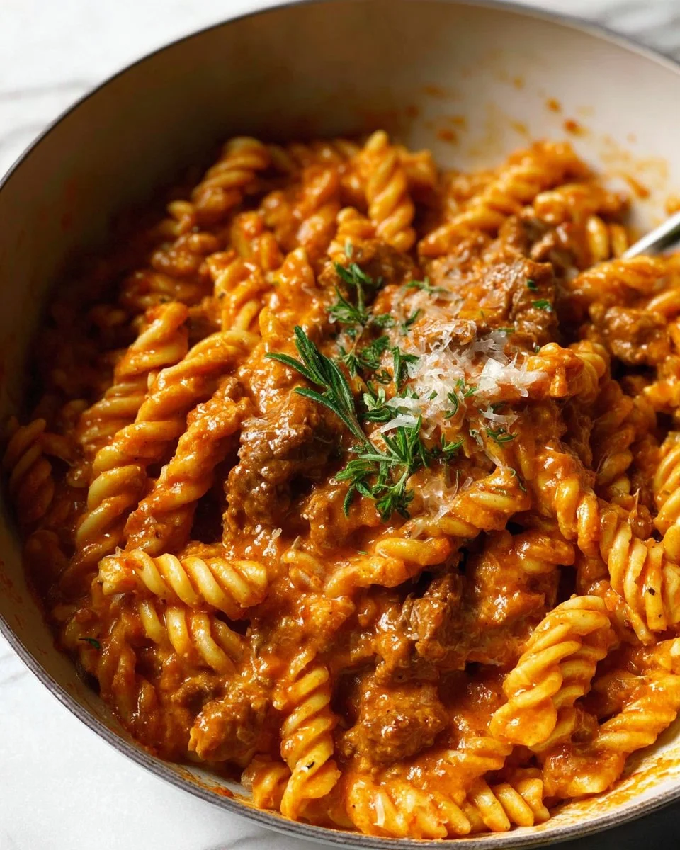 One-pot creamy tomato beef pasta dish served in a bowl