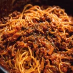 One Pot Pasta Bolognese dish with rich sauce and pasta in a bowl