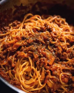 One Pot Pasta Bolognese dish with rich sauce and pasta in a bowl