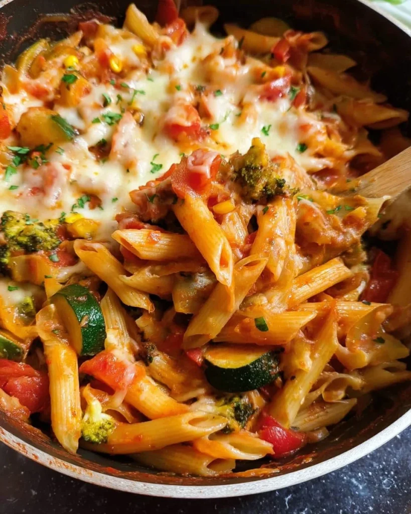 One-pot vegetable pasta recipe with colorful fresh vegetables