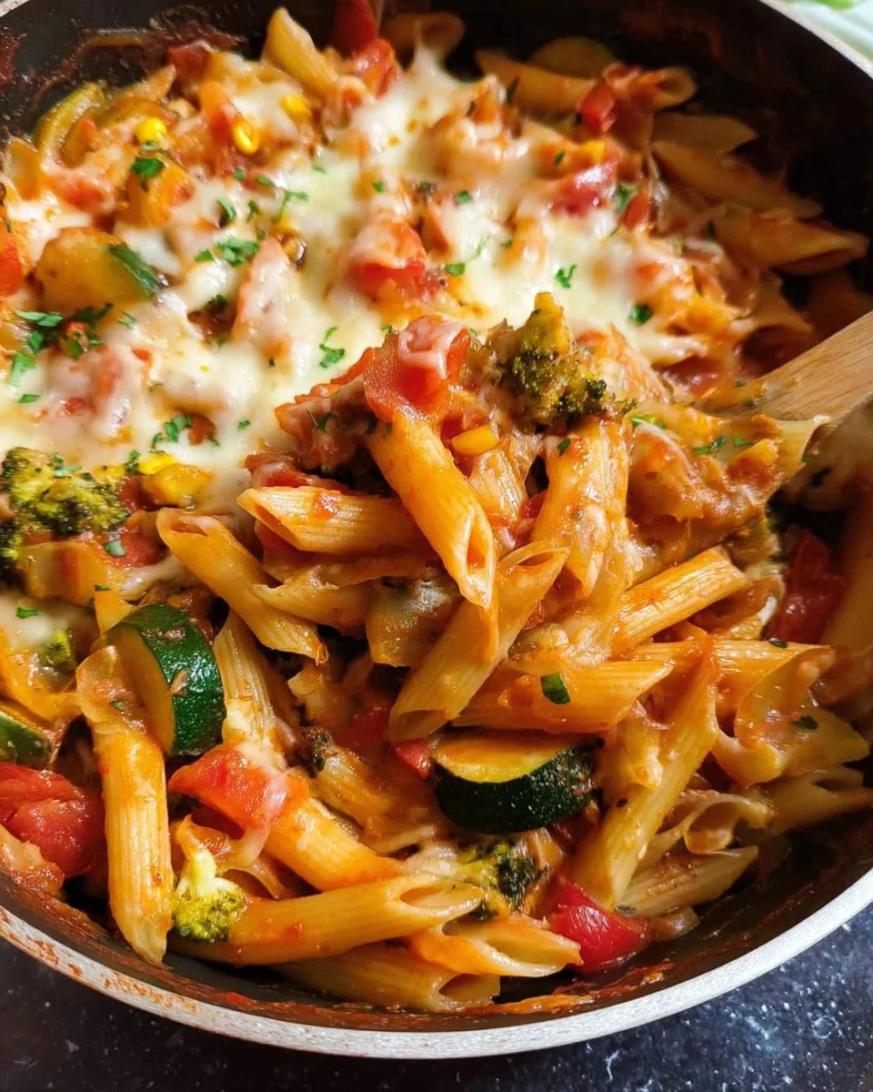 One-pot vegetable pasta recipe with colorful fresh vegetables
