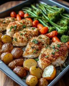 Parmesan Crusted Chicken on a sheet pan with vegetables