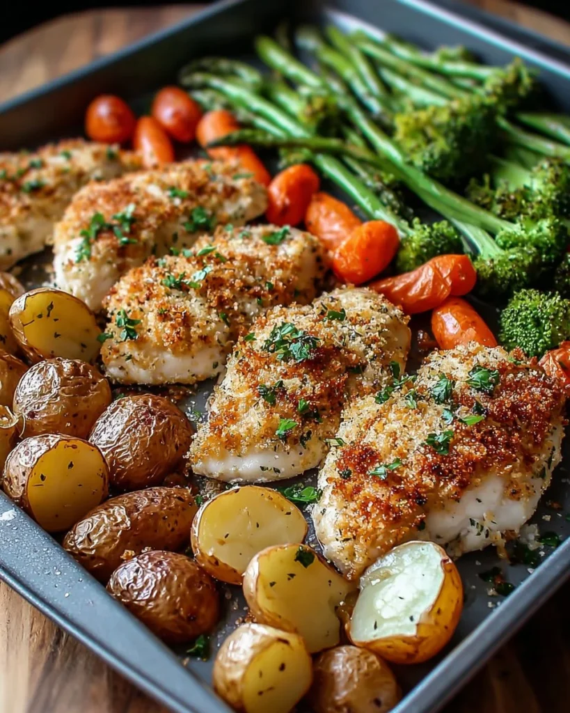 Parmesan Crusted Chicken on a sheet pan with vegetables